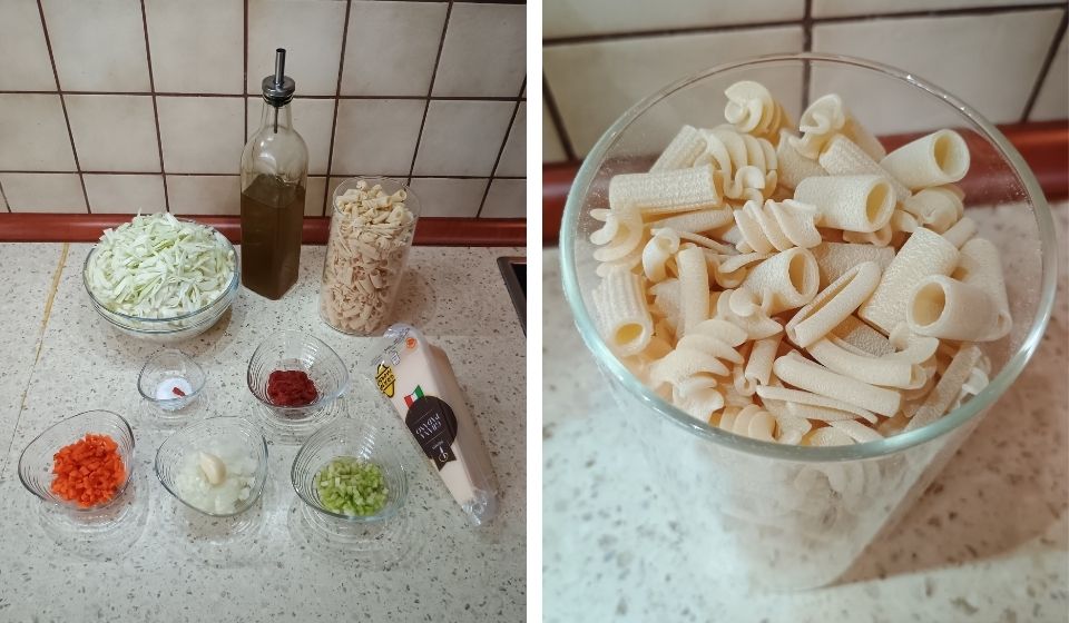 Ingredience k receptu na pikantní těstoviny PASTA MISTA s hlávkovým zelím.